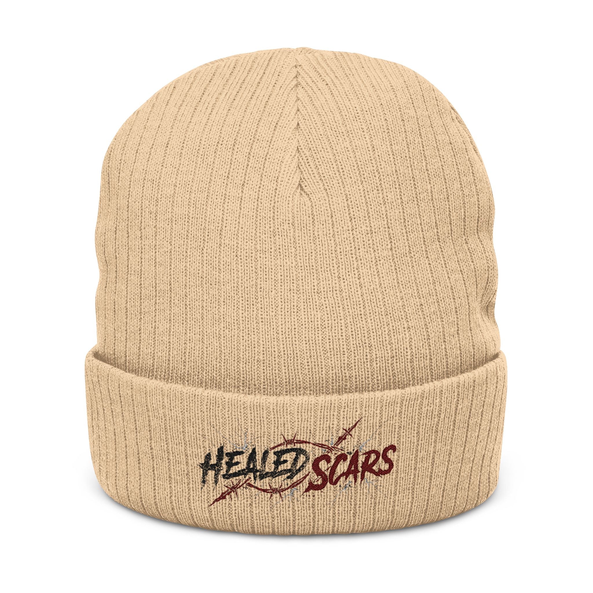 Embroidered 'Healed Scars' Ribbed Knit Beanie