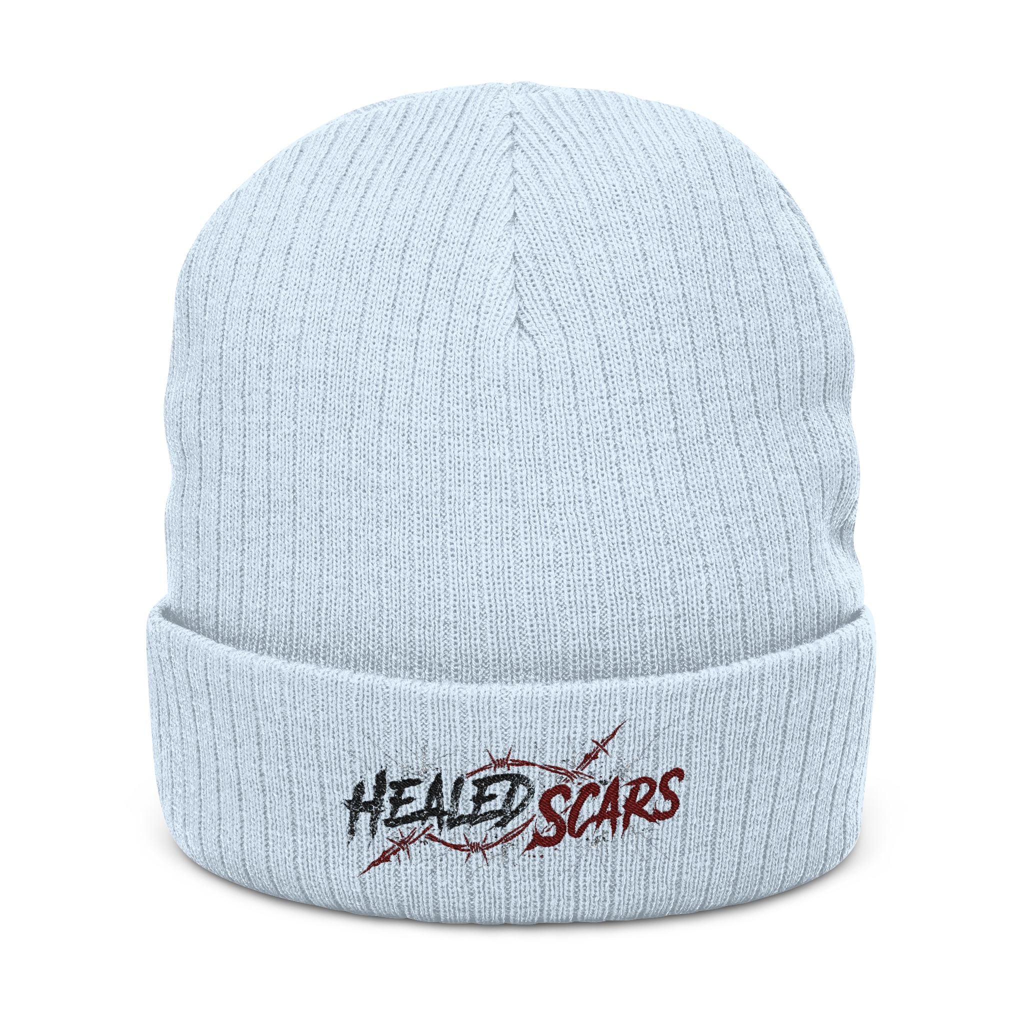 Embroidered 'Healed Scars' Ribbed Knit Beanie