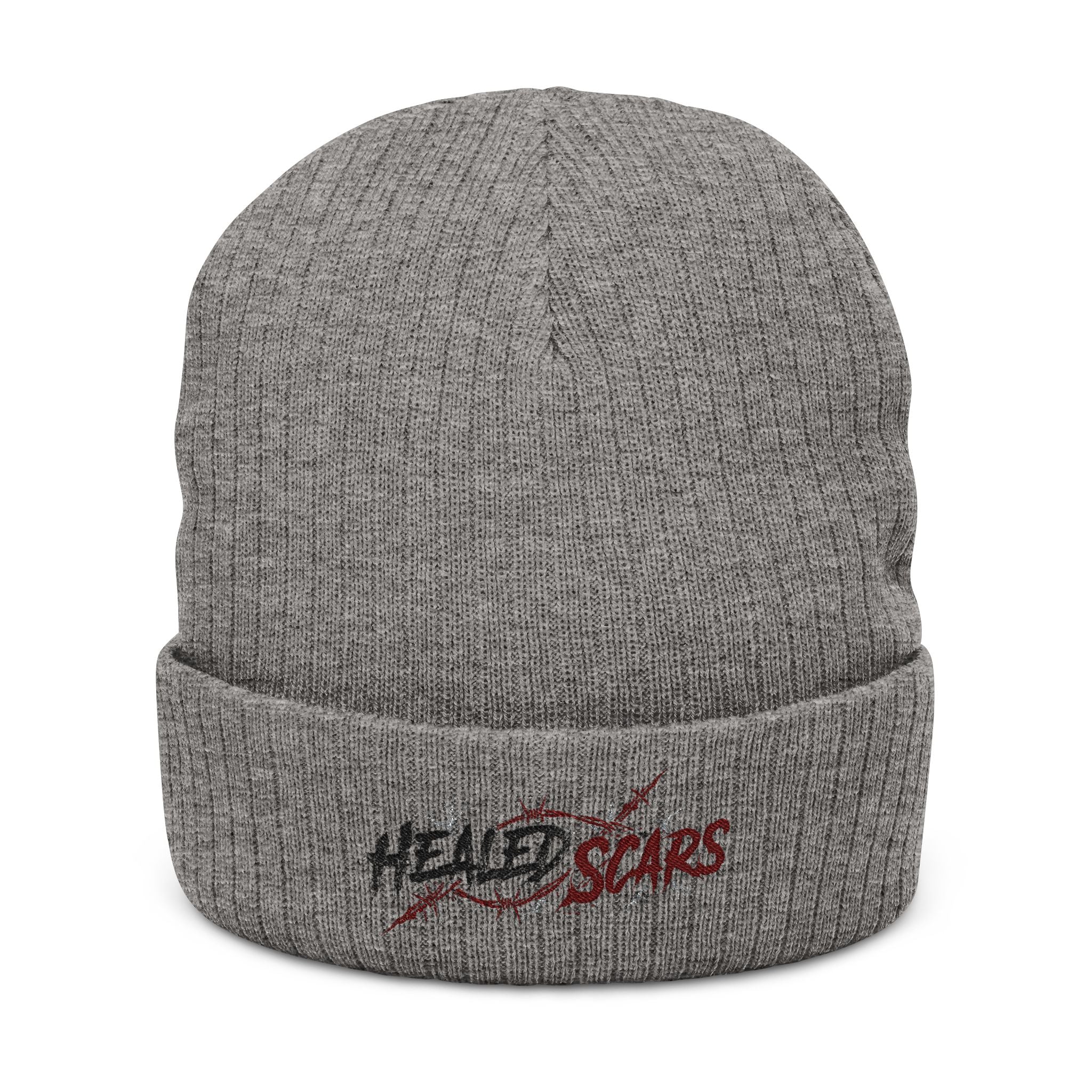Embroidered 'Healed Scars' Ribbed Knit Beanie