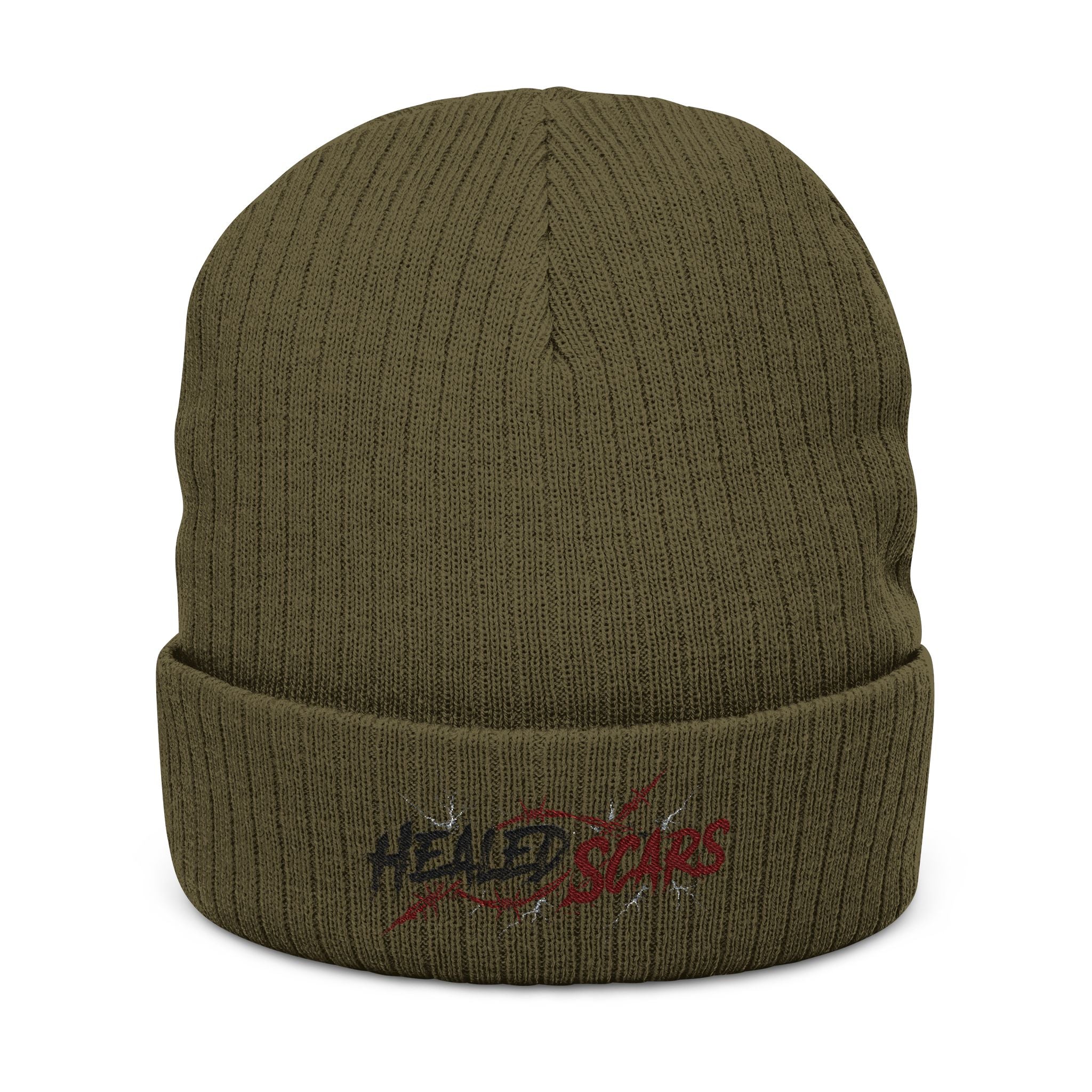 Embroidered 'Healed Scars' Ribbed Knit Beanie